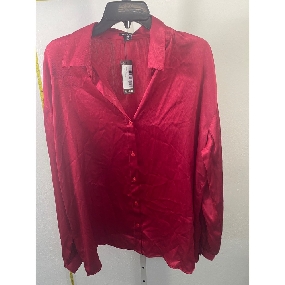 Boohoo Magenta Pink Textured Satin Oversized Shirt Button Down Top US 12 NWT